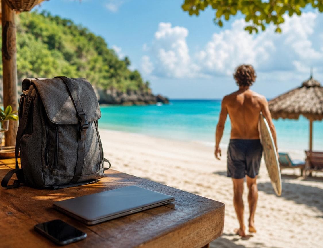 Zaino e portatile lasciati sul tavolo di un bar sulla spiaggia, mentre un ragazzo va verso il mare con la tavola da surf